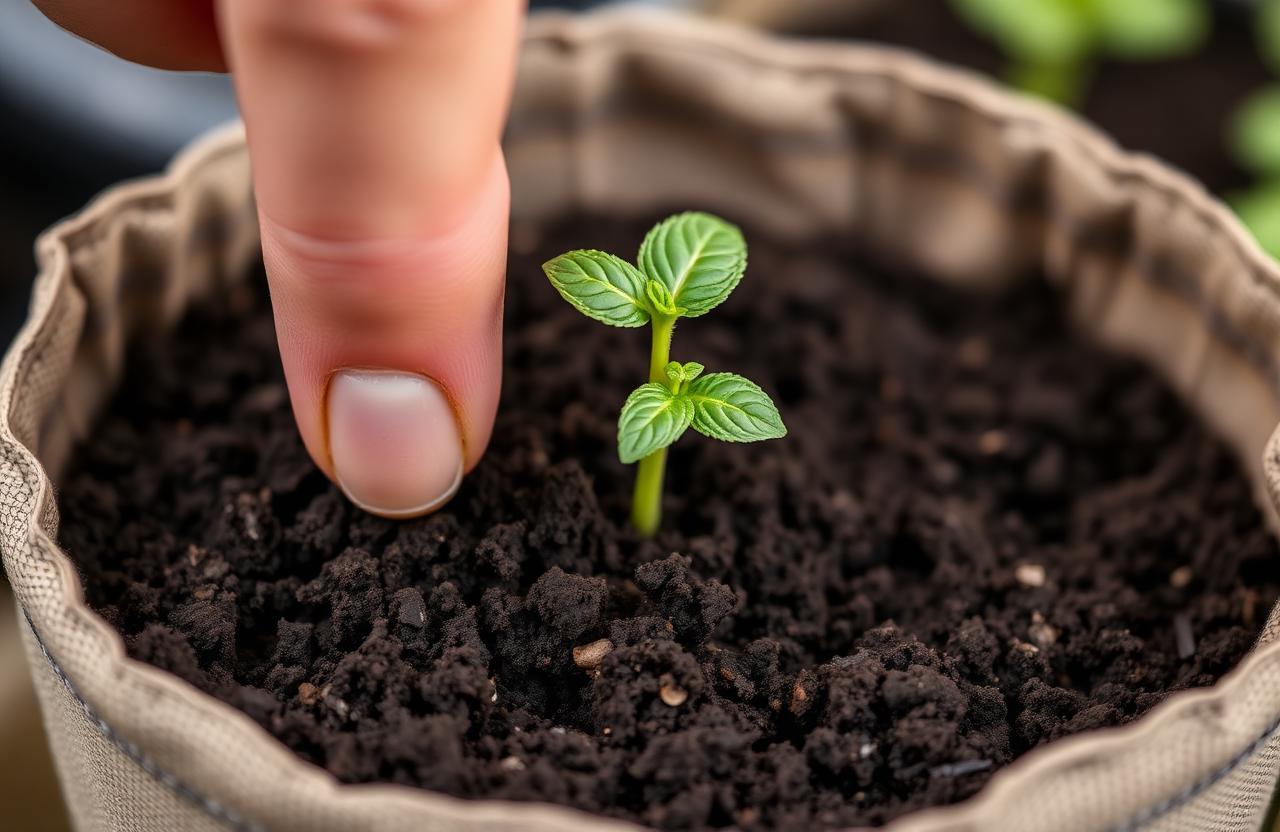 A finger gently testing the moisture of dark soil around a young basil plant in a fabric pot