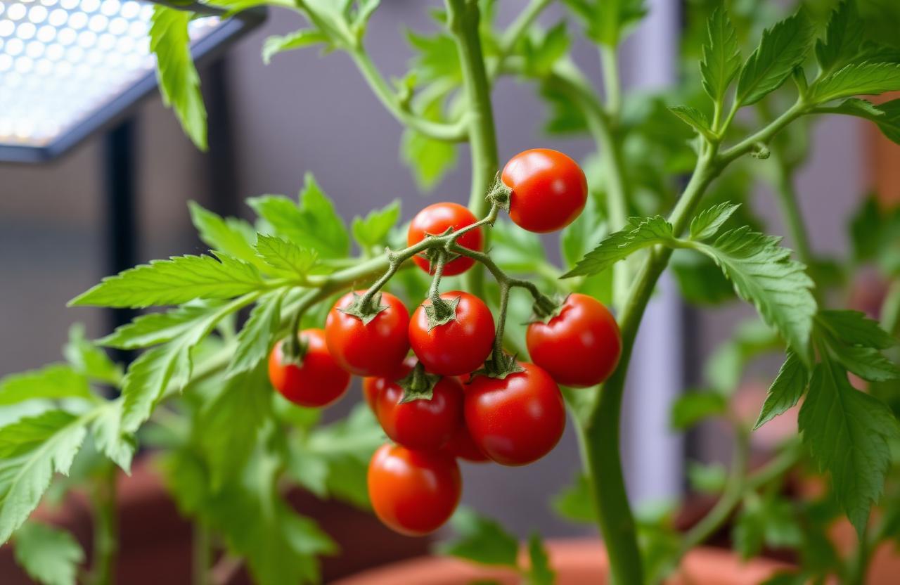 Healthy indoor tomato plant in early fruiting stage with the first small green tomatoes setting on the vine