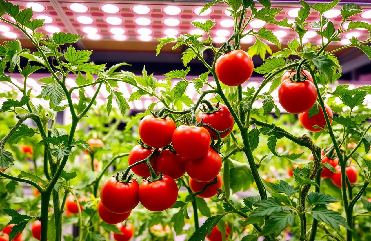 Modern full-spectrum LED grow light glowing warm white over a healthy tomato canopy