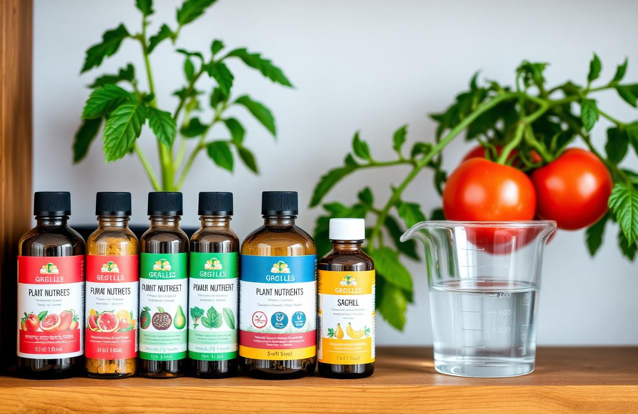 Bottles of organic plant nutrients lined up on a wooden shelf next to a measuring beaker filled with clear water