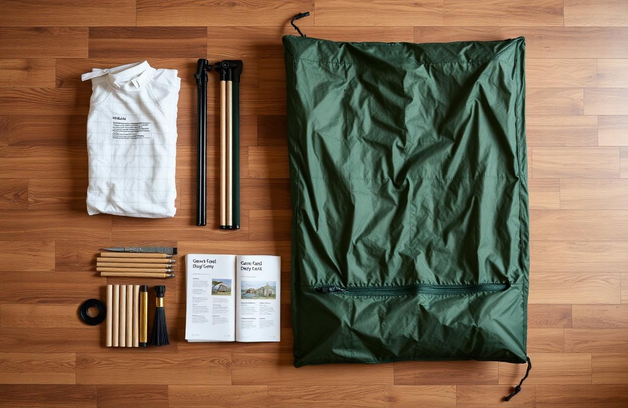 Flat lay of grow tent components: poles, fabric cover, rope ratchets and the instruction booklet