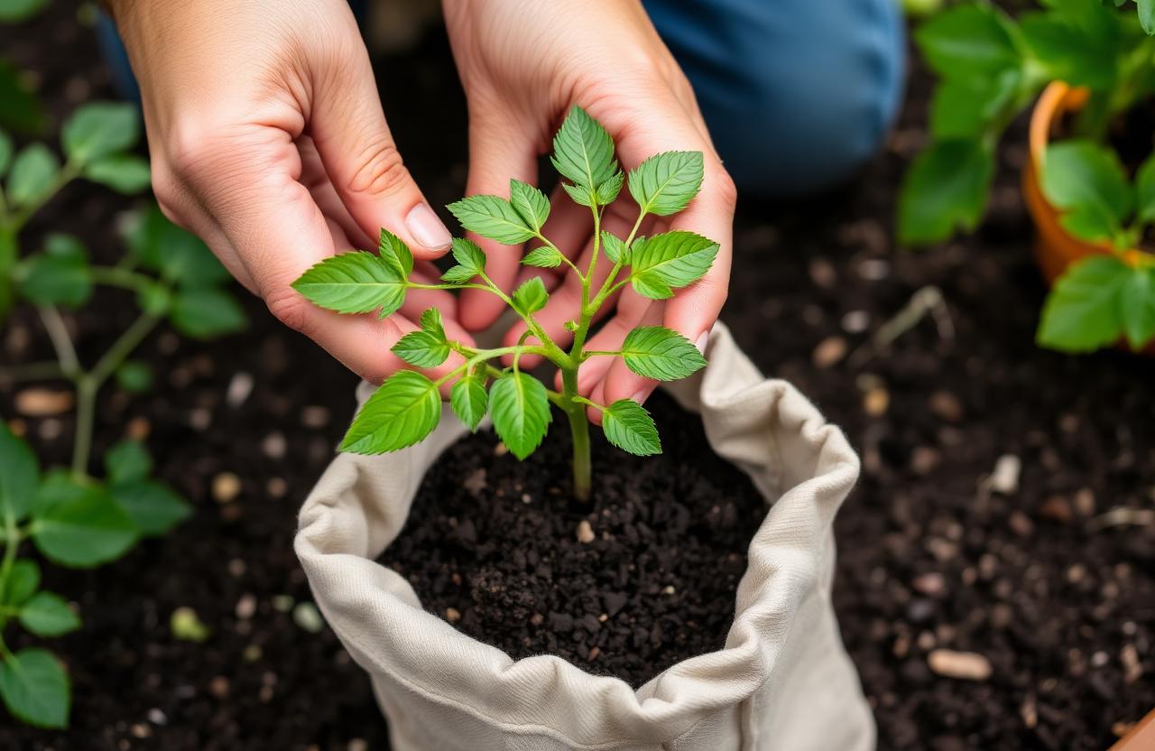Hands gently transplanting a young tomato seedling into a fabric pot of dark soil