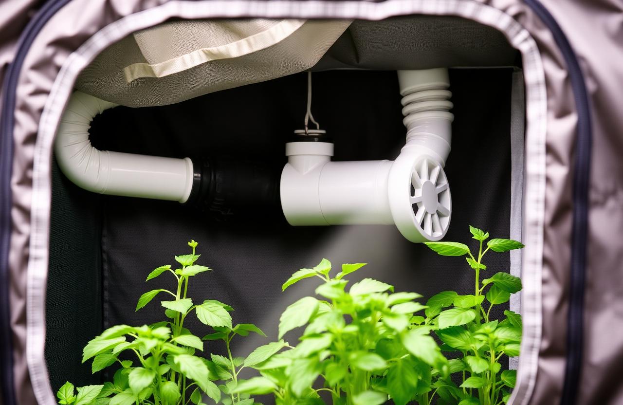 Inside view of a grow tent showing carbon filter, ducting and inline fan hung at the top