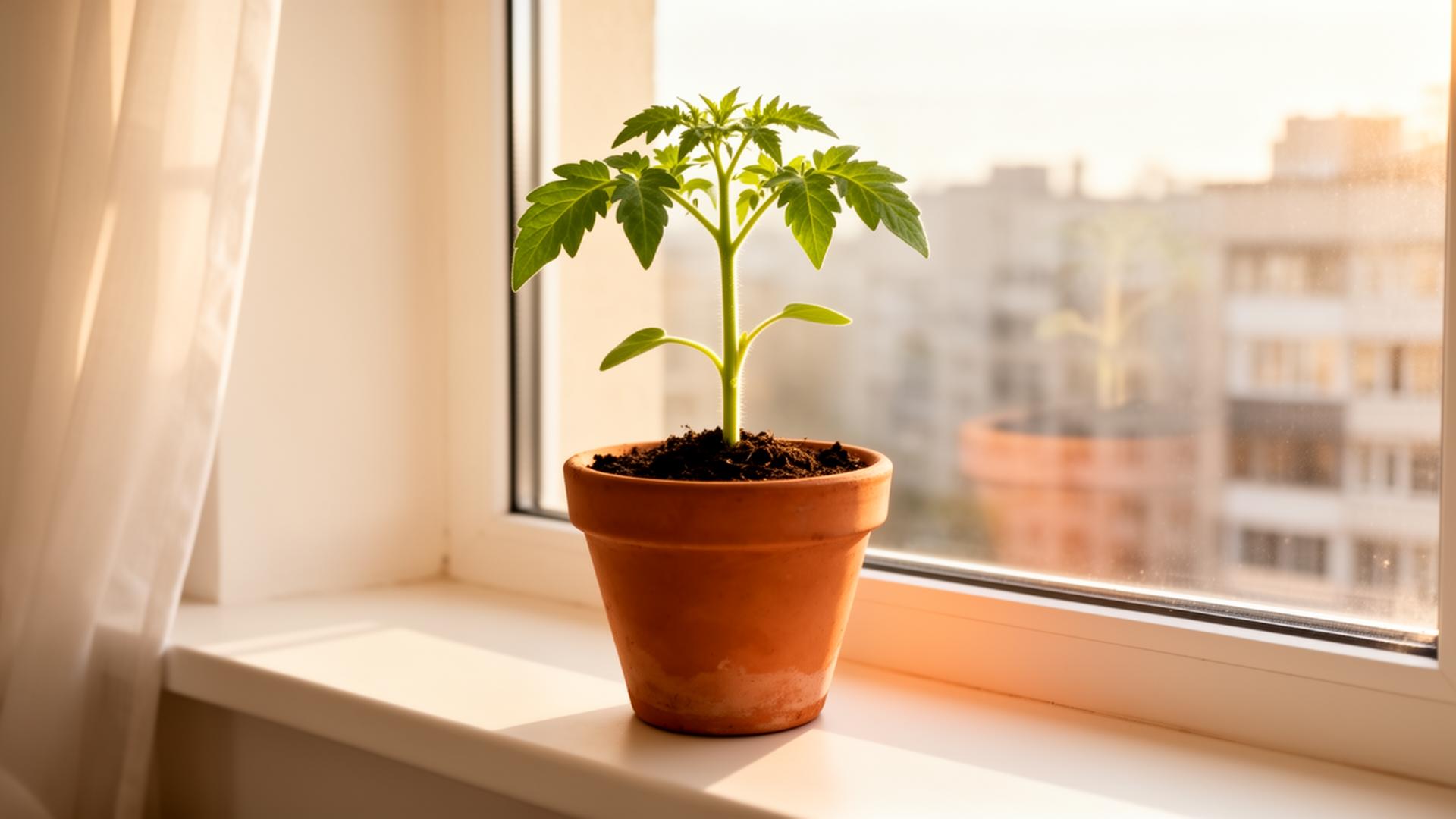 Tomato seedling thriving in a terracotta pot in soft morning light